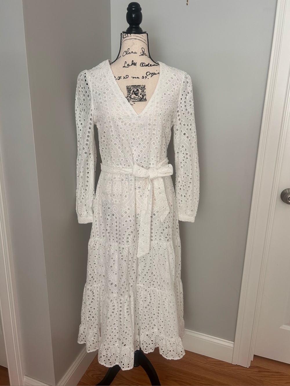 White Eyelet V-Neck Maxi Dress with Waist Tie